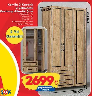 KAMİLA 3 KAPAKLI 2 ÇEKMECELİ GARDIROP ATLANTİK ÇAM